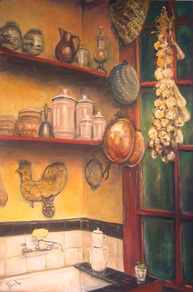  NZ Art oil painting./1940's style kitchen art with hanging garlic, black and white tiles, old cafe au lait coffee pot, French enamelware canisters.