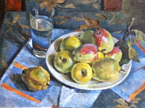Russian still life art. Tanya Balaeva Russian Artist. Still-life with green Kandil  apples and quinces. 