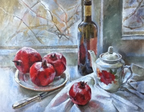  Pomegranates still life.  Oils on canvas. So I bought a few  and set  the still-life on the windowsill  as I liked the light and the background of rose bushes in snow .