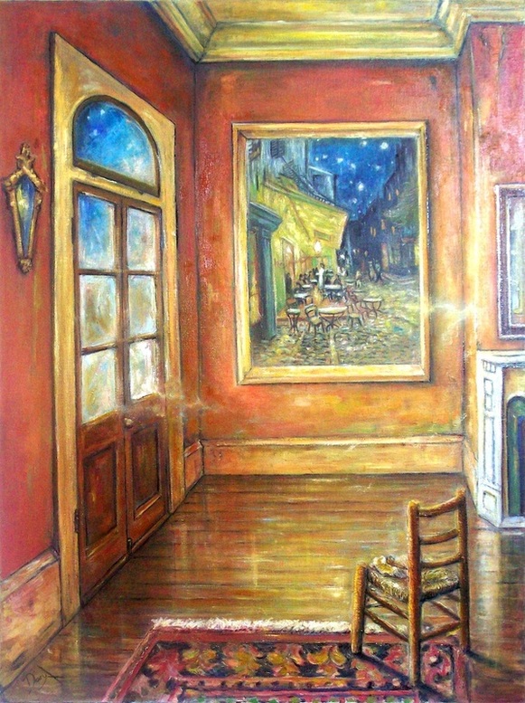 Art painting. Interior. 'A Room with a view' van Gogh and cafe terrace. NZ artist