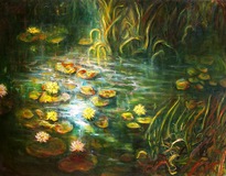 Painting, water lilies, 'Bakers Pond' fine art, NZ artist