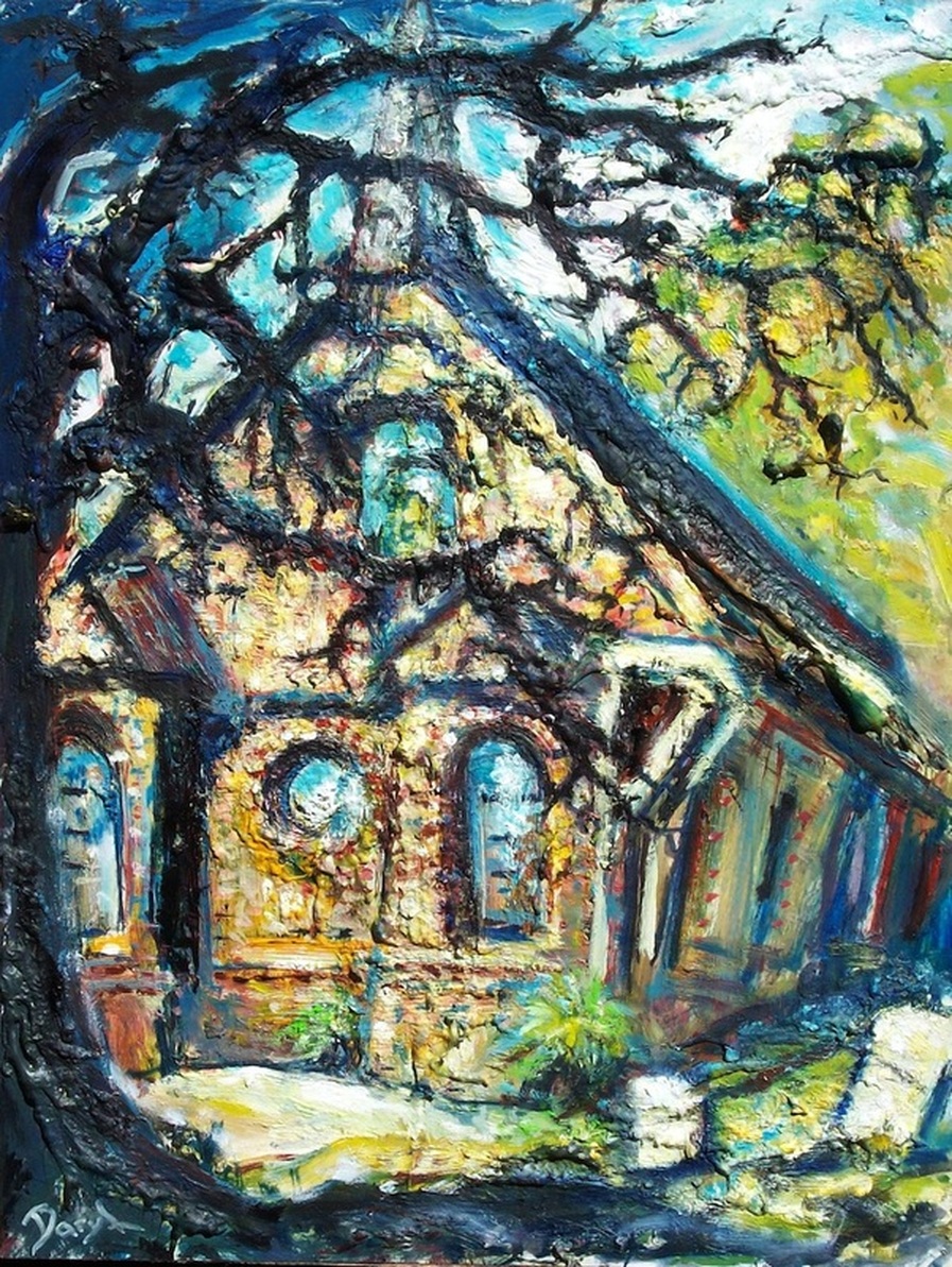 Art NZ painting, 'Abandoned Church' old stone building. Devonport.