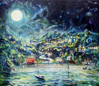  Oil paints on canvas, Waiheke Island NZ night scene. NZ art oil painting for sale. A slightly surrealist impression artwork after a night spent moored in the bay. Lights, Music, Art, Food and Wine, A festival?, ...  maybe just normal life .. There was, a double decked London bus parked on the foreshore, with a wedding party. 