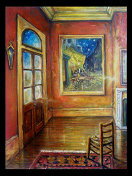 Art painting. Interior. 'A Room with a view' van Gogh and cafe terrace. 