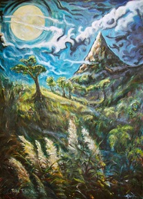 NZ landscape art for sale. 'Toka Toka moon 4' Daryl Lex Price. NZ artist painter.
