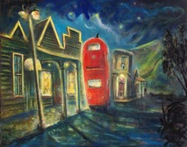 Art painting of small town New Zealand, Mangaweka. 'Mangaweka and the Red Bus'  a double decker old london bus, parked on the old main street, outside some old single storey wooden shops with verandahs. Art on Linen. 