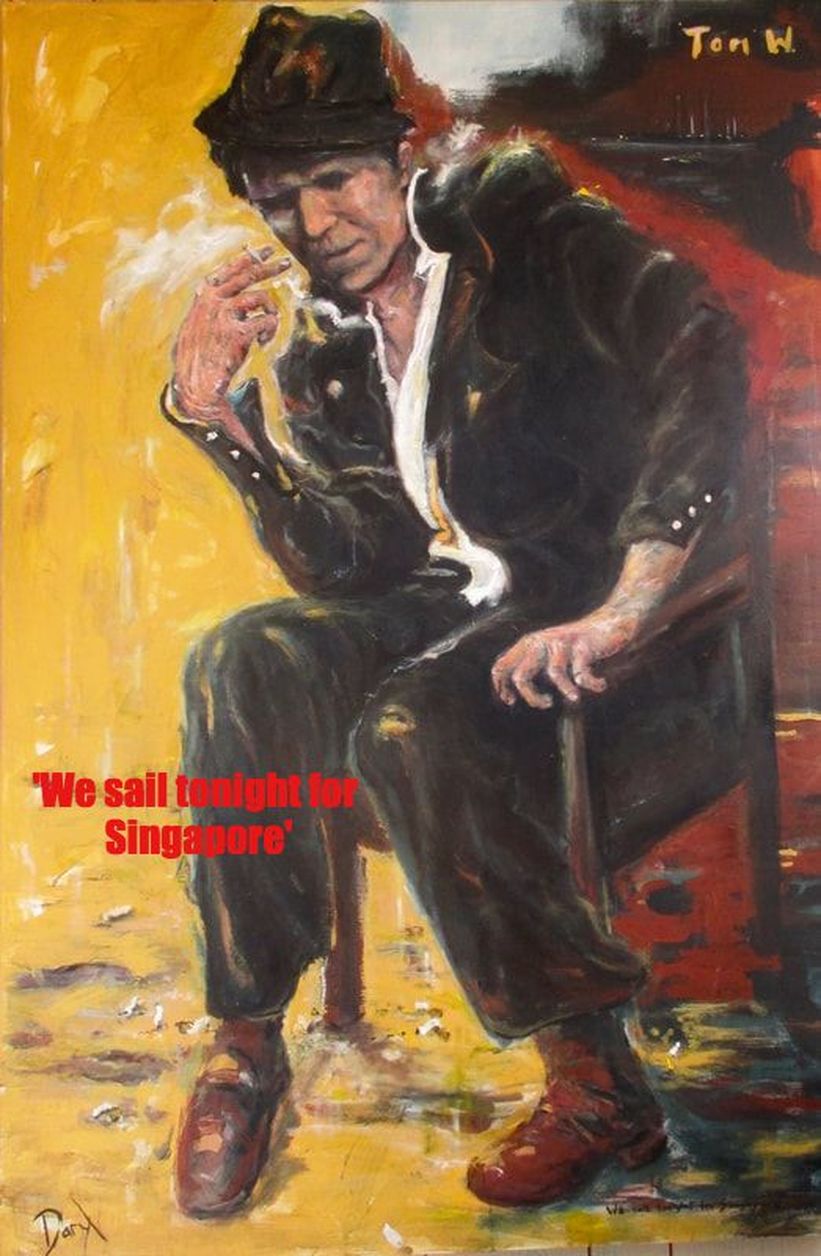 Picture tom-waits-painting-portrait-in-oils Picture 40x60inches. Sitting Tom waits, smoking, Red and yellow background, black suit, cigarette butts on floor.